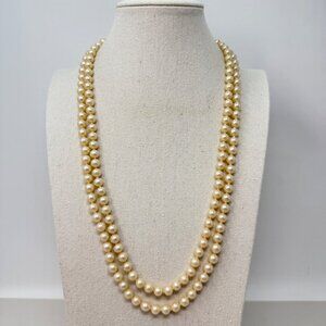 Vintage Double Strand Imitation Pearl Necklace Ornate Clasp Silver-Tone Elegant